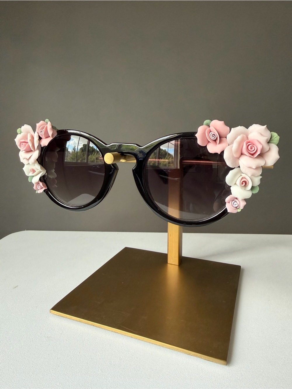 Rose Porcelain Accents Round Black Sunglasses custom